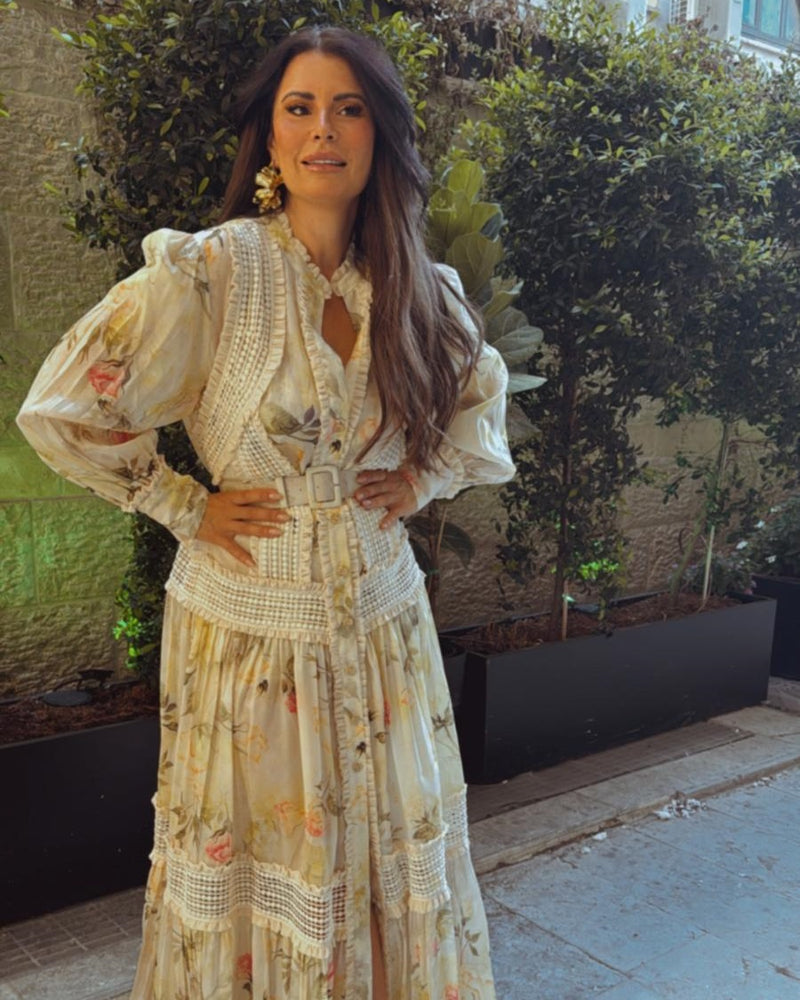 שמלת כפתורים פרחוני שילוב תחרה