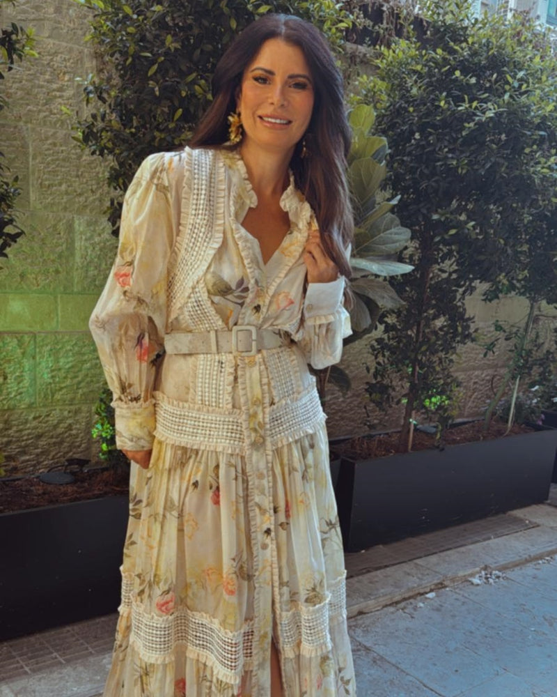 שמלת כפתורים פרחוני שילוב תחרה