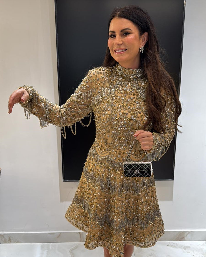 שמלת ערב קצרה בובה שזורה באבנים