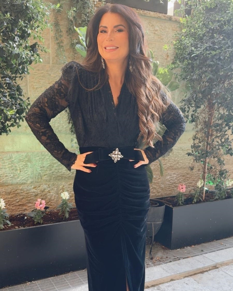 שמלת ערב קטיפה עם שילוב תחרה